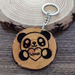Panda Engraved Wood Slice Keychain