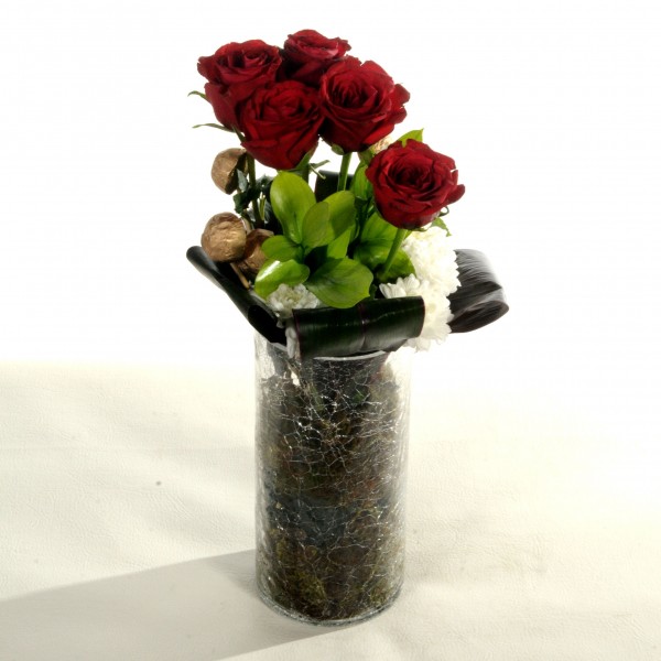 Red Roses & Chocolate in a Cracked Up Vase