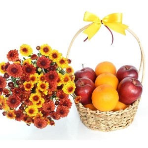 Red Apple & Orange Basket with Flowers Bunch