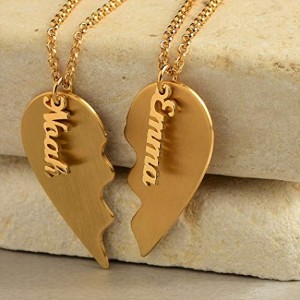 Gold Plated Broken Heart with Names Necklace