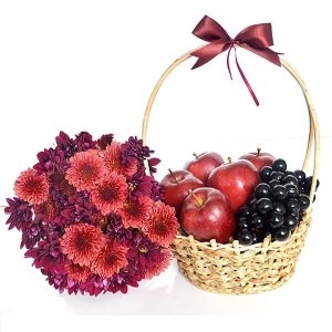 Red Apple & Grapes Basket with Flowers Bunch