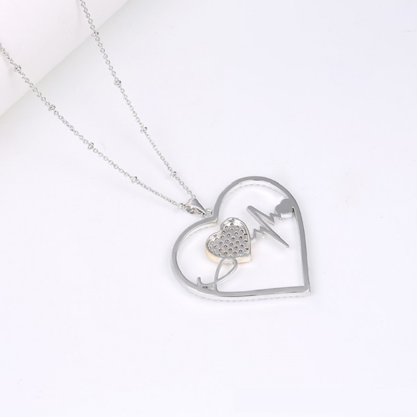 Rhodium Plated Heart Cardiogram Beat Necklace