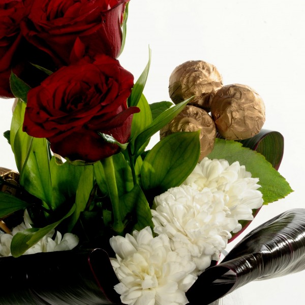 Red Roses & Chocolate in a Cracked Up Vase