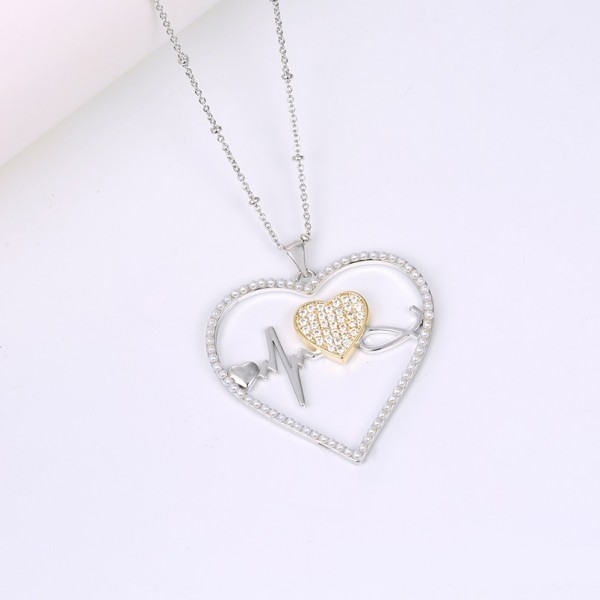 Rhodium Plated Heart Cardiogram Beat Necklace