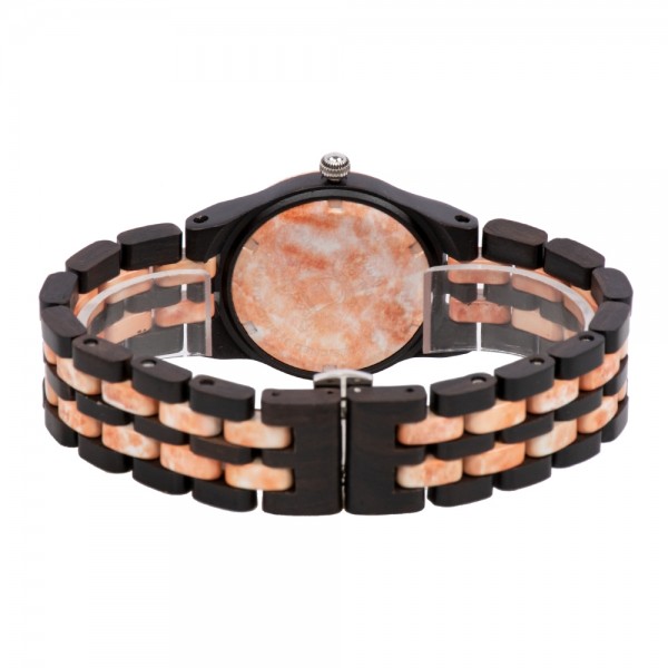 Natural Wood & Marble Watch For Ladies - Black & Peach