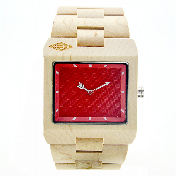 Men's Natural Wood Watch - Beige & Red
