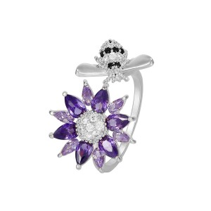 Rhodium Plated Purple Flower Ring