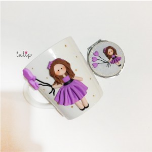 Balloon Girl Set of Mug & Pocket Mirror - Purple