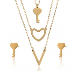 Heart Key Necklace & Earrings Set - Gold
