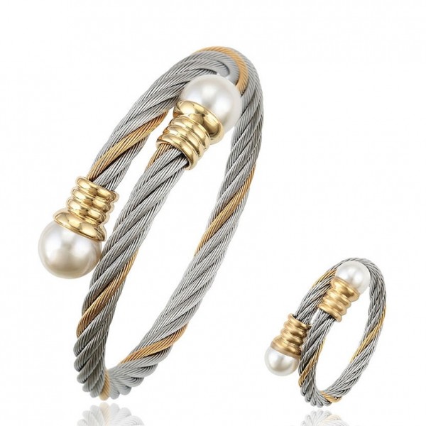 Elegant Twisted Cable Bangle & Ring Set-Silver & Gold