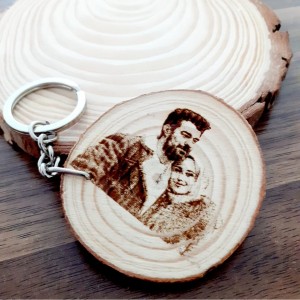 Photo Engraved Wood Slice Keychain