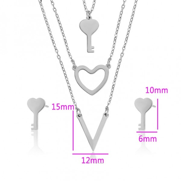 Heart Key Necklace & Earrings Set - Silver