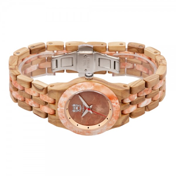 Natural Wood & Marble Watch For Ladies - Brown & Peach