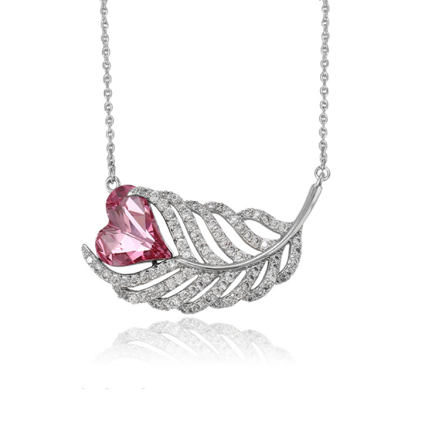 Swarovski Encrusted Heart Leaf Necklace-Pink